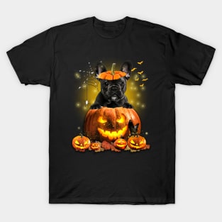 Black French Bulldog  Spooky Halloween Pumpkin Dog Head T-Shirt